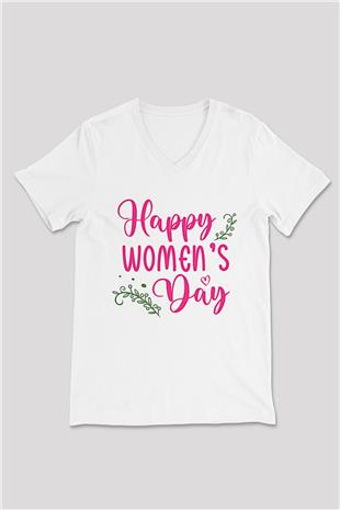 Kadınlar Günü Baskılı Beyaz Unisex V Yaka Tişört - Tshirt