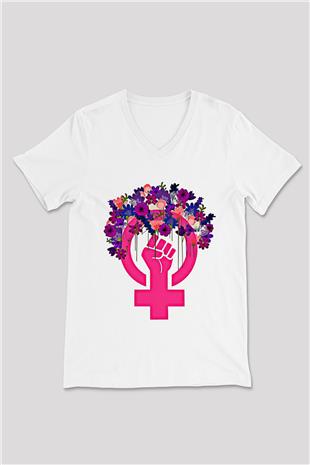 Kadınlar Günü Baskılı Beyaz Unisex V Yaka Tişört - Tshirt