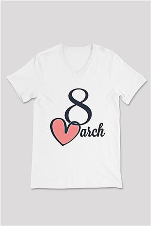 Kadınlar Günü Baskılı Beyaz Unisex V Yaka Tişört - Tshirt