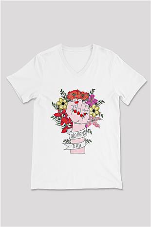 Kadınlar Günü Baskılı Beyaz Unisex V Yaka Tişört - Tshirt