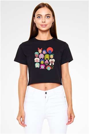 Kadınlar Günü Baskılı Siyah Crop Top Kadın Tişört - Tshirt