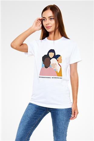 Kadınlar Günü Baskılı Unisex Beyaz Tişört - Tshirt