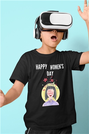 Kadınlar Günü Baskılı Unisex Siyah Çocuk Tişört - Tshirt
