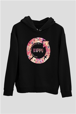 Kadınlar Günü Baskılı Unisex Siyah Hoodie