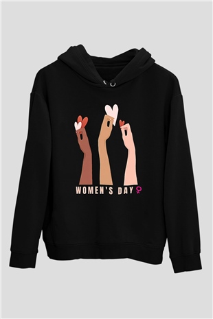 Kadınlar Günü Baskılı Unisex Siyah Hoodie