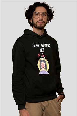 Kadınlar Günü Baskılı Unisex Siyah Hoodie
