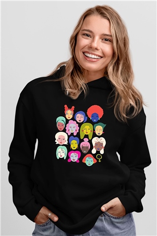 Kadınlar Günü Baskılı Unisex Siyah Hoodie