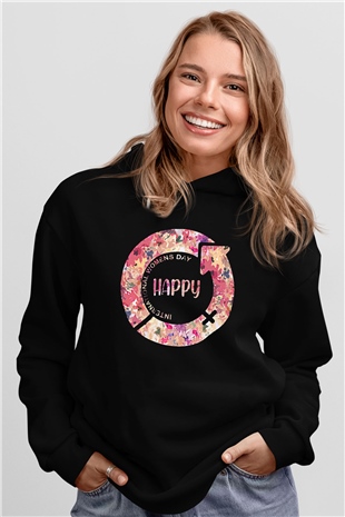 Kadınlar Günü Baskılı Unisex Siyah Hoodie