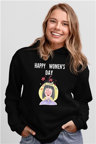 Kadınlar Günü Baskılı Unisex Siyah Hoodie