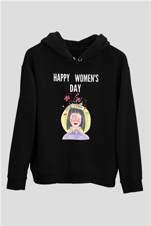 Kadınlar Günü Baskılı Unisex Siyah Hoodie