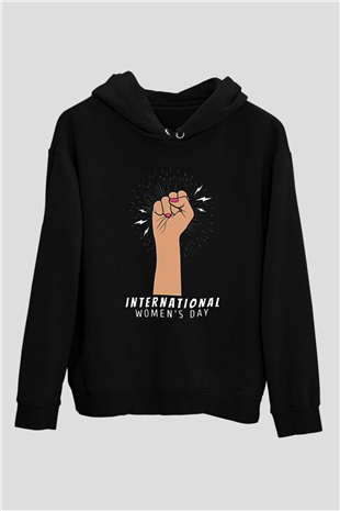 Kadınlar Günü Baskılı Unisex Siyah Hoodie