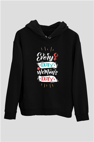 Kadınlar Günü Baskılı Unisex Siyah Hoodie
