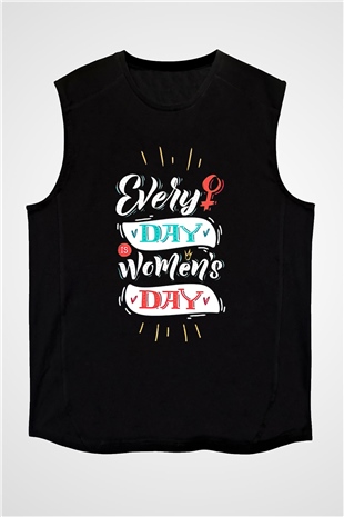 Kadınlar Günü Baskılı Unisex Siyah Kolsuz Tişört - Tshirt