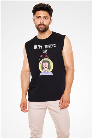 Kadınlar Günü Baskılı Unisex Siyah Kolsuz Tişört - Tshirt