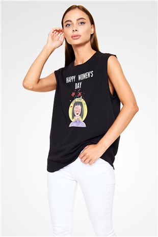 Kadınlar Günü Baskılı Unisex Siyah Kolsuz Tişört - Tshirt