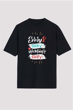 Kadınlar Günü Baskılı Unisex Siyah Oversize Tişört - Tshirt