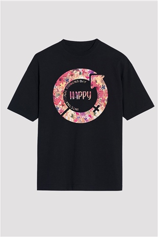 Kadınlar Günü Baskılı Unisex Siyah Oversize Tişört - Tshirt