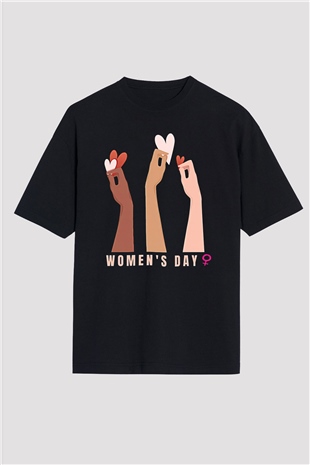 Kadınlar Günü Baskılı Unisex Siyah Oversize Tişört - Tshirt