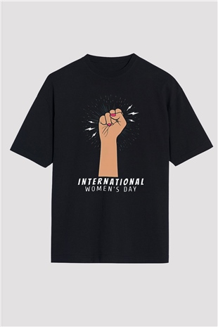 Kadınlar Günü Baskılı Unisex Siyah Oversize Tişört - Tshirt