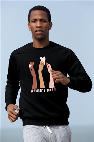 Kadınlar Günü Baskılı Unisex Siyah Sweatshirt