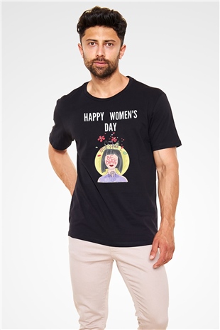 Kadınlar Günü Baskılı Unisex Siyah Tişört - Tshirt