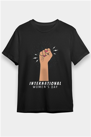 Kadınlar Günü Baskılı Unisex Siyah Tişört - Tshirt