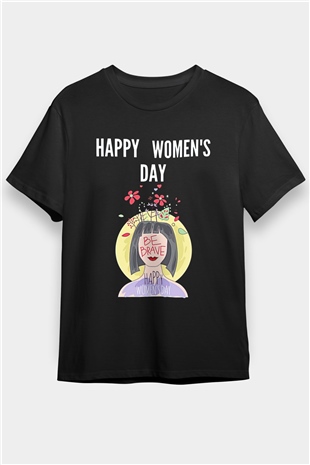 Kadınlar Günü Baskılı Unisex Siyah Tişört - Tshirt
