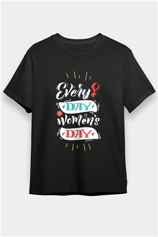 Kadınlar Günü Baskılı Unisex Siyah Tişört - Tshirt
