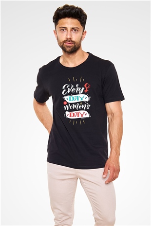 Kadınlar Günü Baskılı Unisex Siyah Tişört - Tshirt