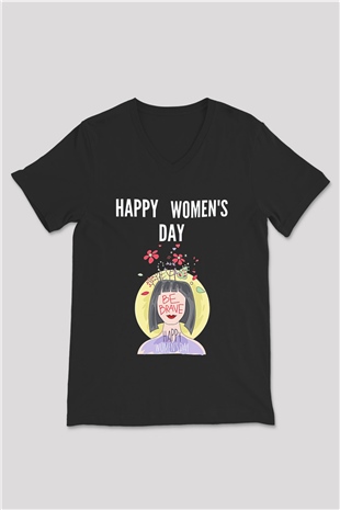 Kadınlar Günü Baskılı Unisex Siyah V Yaka Tişört - Tshirt