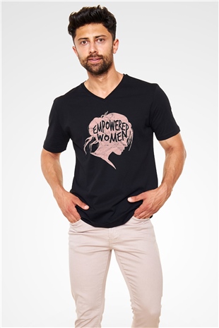 Kadınlar Günü Baskılı Unisex Siyah V Yaka Tişört - Tshirt