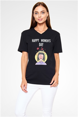 Kadınlar Günü Baskılı Unisex Siyah V Yaka Tişört - Tshirt