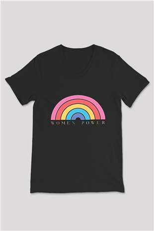 Kadınlar Günü Baskılı Unisex Siyah V Yaka Tişört - Tshirt