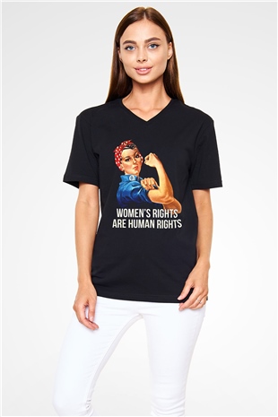 Kadınlar Günü Baskılı Unisex Siyah V Yaka Tişört - Tshirt