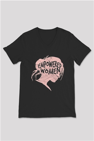 Kadınlar Günü Baskılı Unisex Siyah V Yaka Tişört - Tshirt