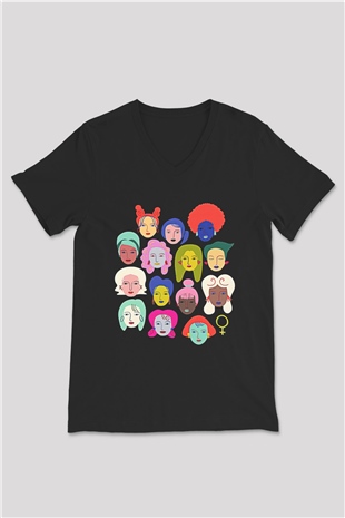 Kadınlar Günü Baskılı Unisex Siyah V Yaka Tişört - Tshirt