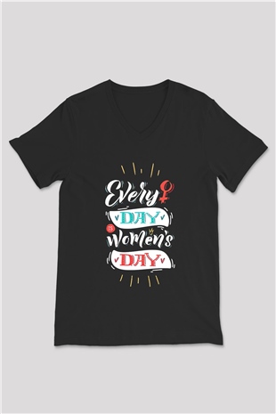Kadınlar Günü Baskılı Unisex Siyah V Yaka Tişört - Tshirt