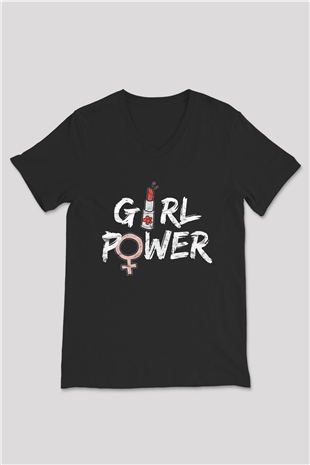 Kadınlar Günü Baskılı Unisex Siyah V Yaka Tişört - Tshirt
