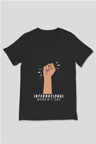 Kadınlar Günü Baskılı Unisex Siyah V Yaka Tişört - Tshirt