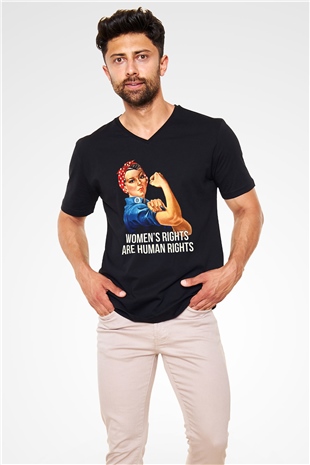 Kadınlar Günü Baskılı Unisex Siyah V Yaka Tişört - Tshirt
