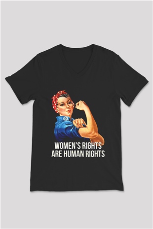 Kadınlar Günü Baskılı Unisex Siyah V Yaka Tişört - Tshirt