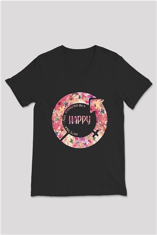 Kadınlar Günü Baskılı Unisex Siyah V Yaka Tişört - Tshirt