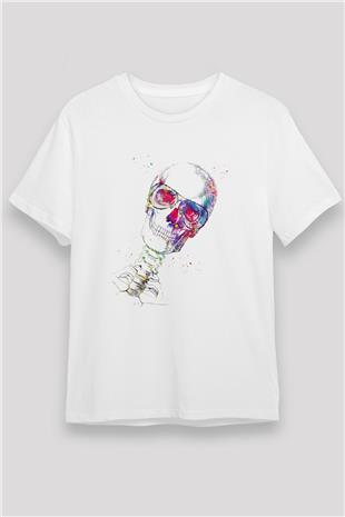Kafatası Anatomi Baskılı Unisex Beyaz Tişört - Tshirt