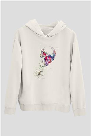 Kafatası Anatomi Baskılı Unisex Ekru Hoodie