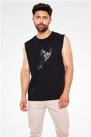Kafatası Anatomi Baskılı Unisex Kolsuz Siyah Tişört - Tshirt