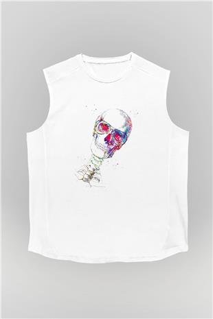 Kafatası Anatomi Baskılı Unisex Kolsuz Beyaz Tişört - Tshirt