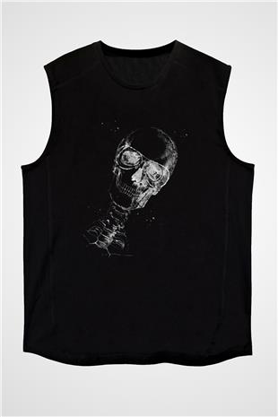 Kafatası Anatomi Baskılı Unisex Kolsuz Siyah Tişört - Tshirt
