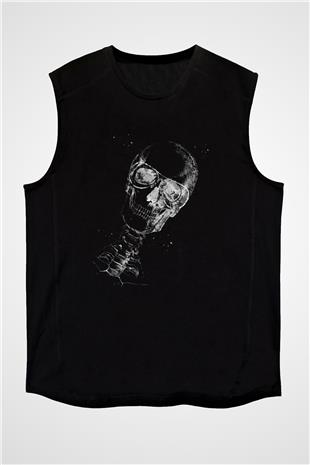 Kafatası Anatomi Baskılı Unisex Kolsuz Siyah Tişört - Tshirt