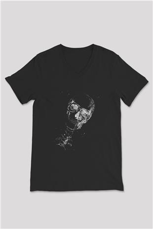 Kafatası Anatomi Baskılı Unisex V Yaka Siyah Tİşört - Tshirt