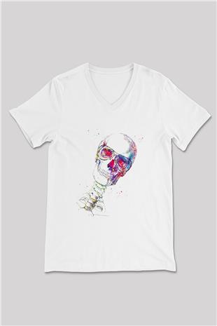 Kafatası Anatomi Baskılı Unisex V Yaka Beyaz Tişört - Tshirt